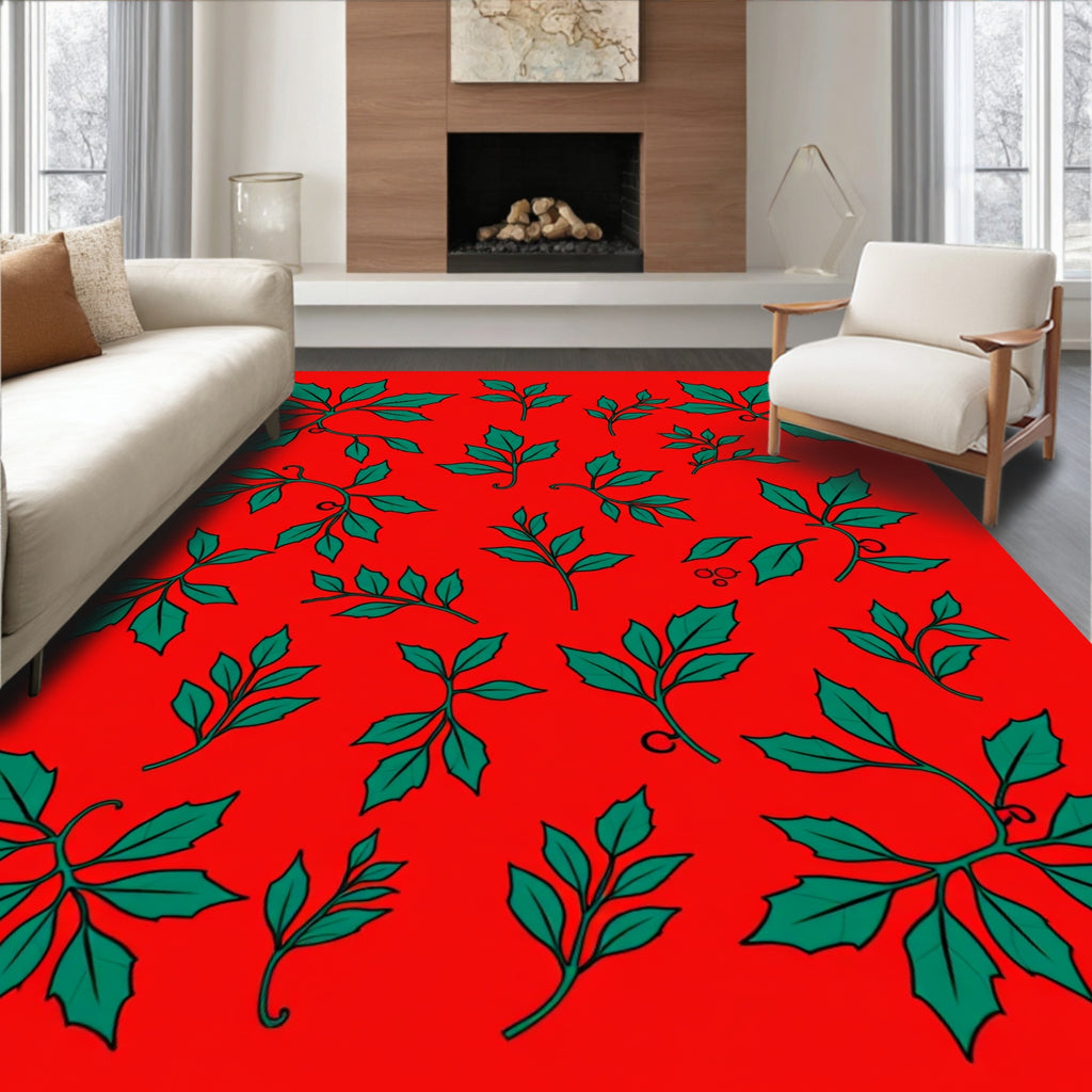 Crimson Green Leafy Branches Botanical Rug