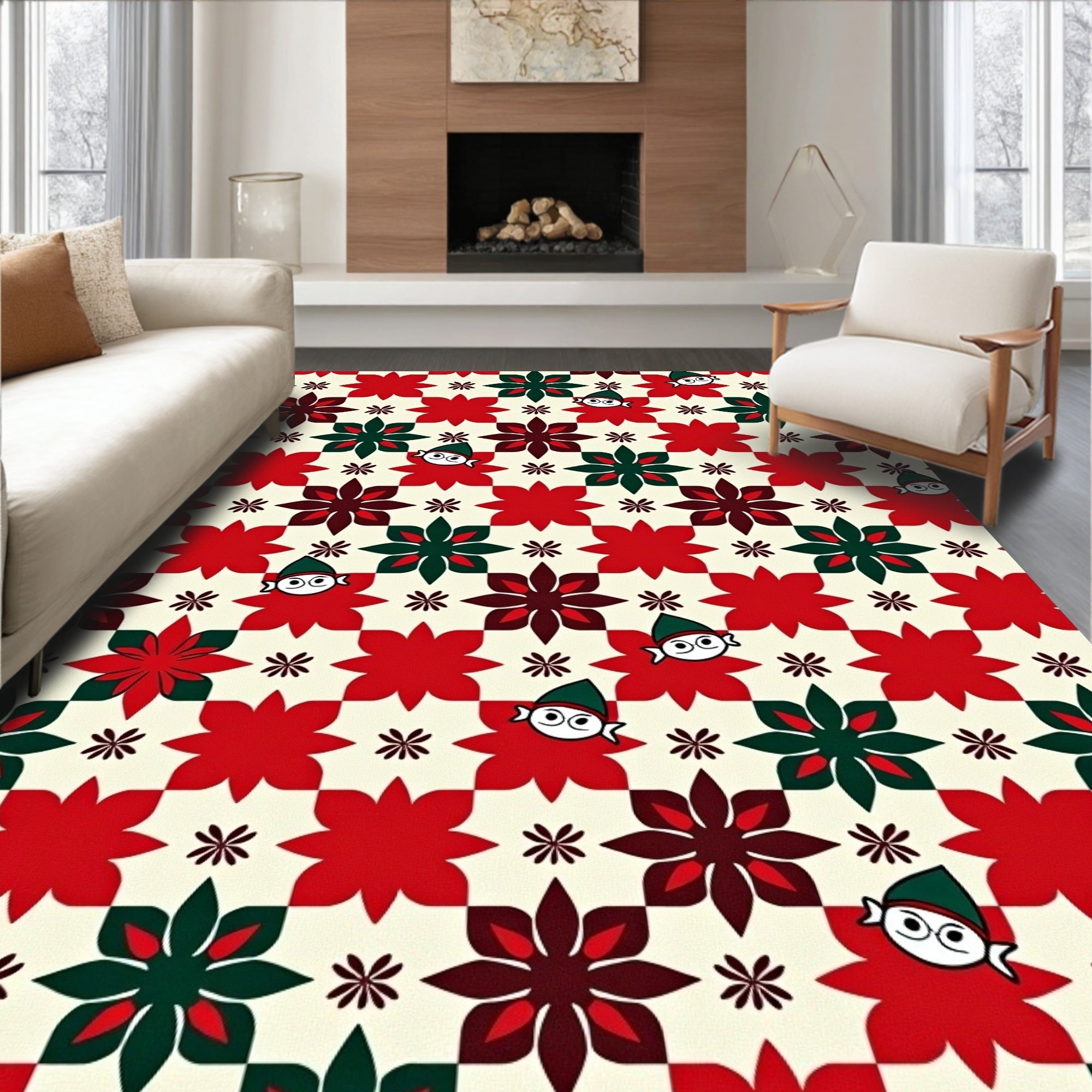 Red Green Festive Elf Floral Rug