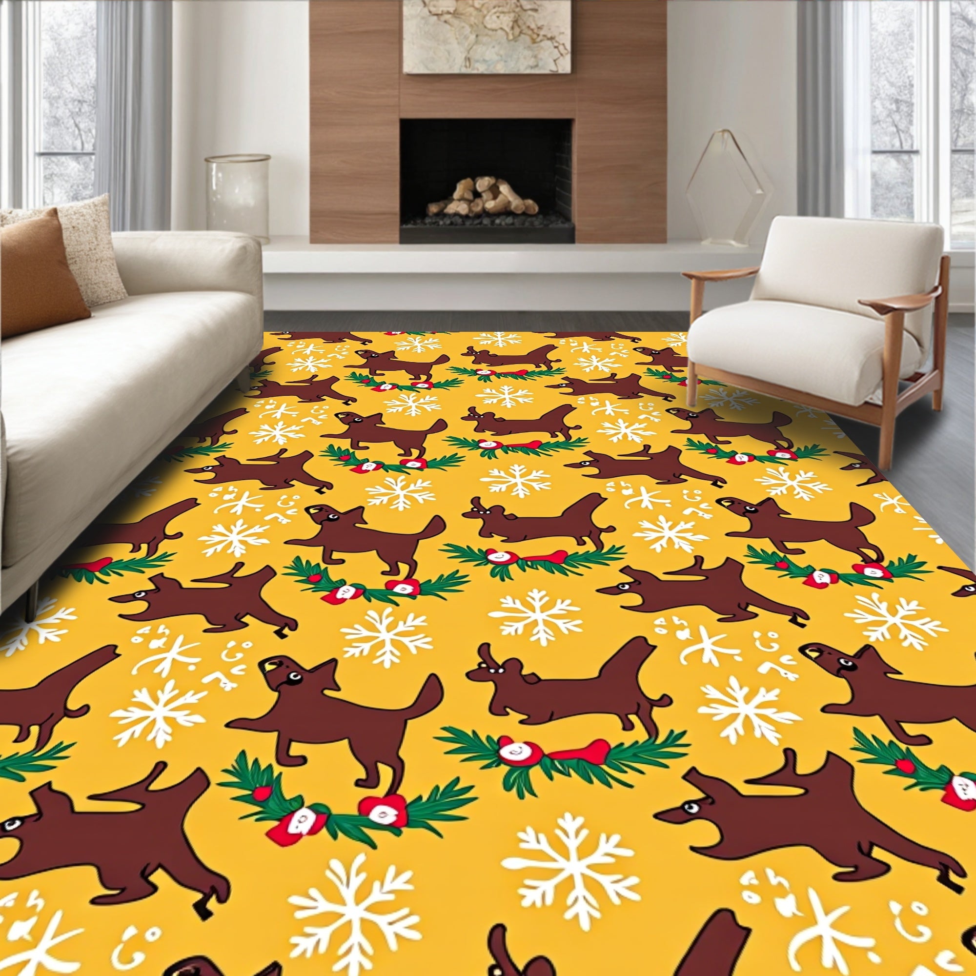 Brown Dogs with Snowflakes Garland Yellow Rug