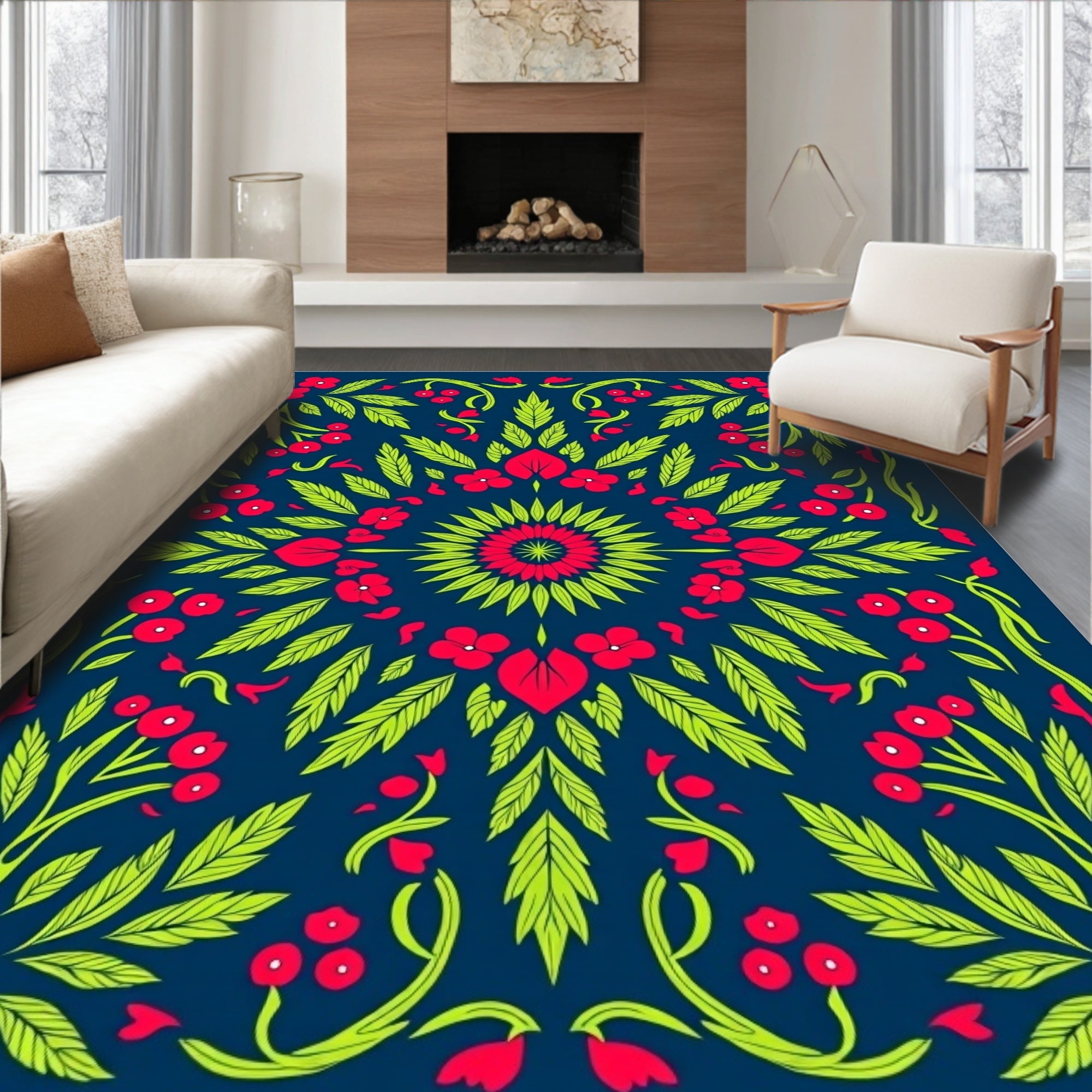 Vibrant Red Floral Garden Medallion Rug