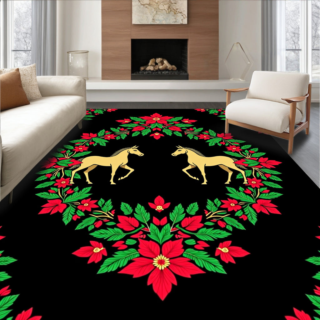 Golden Horses Red Floral Wreath Rug