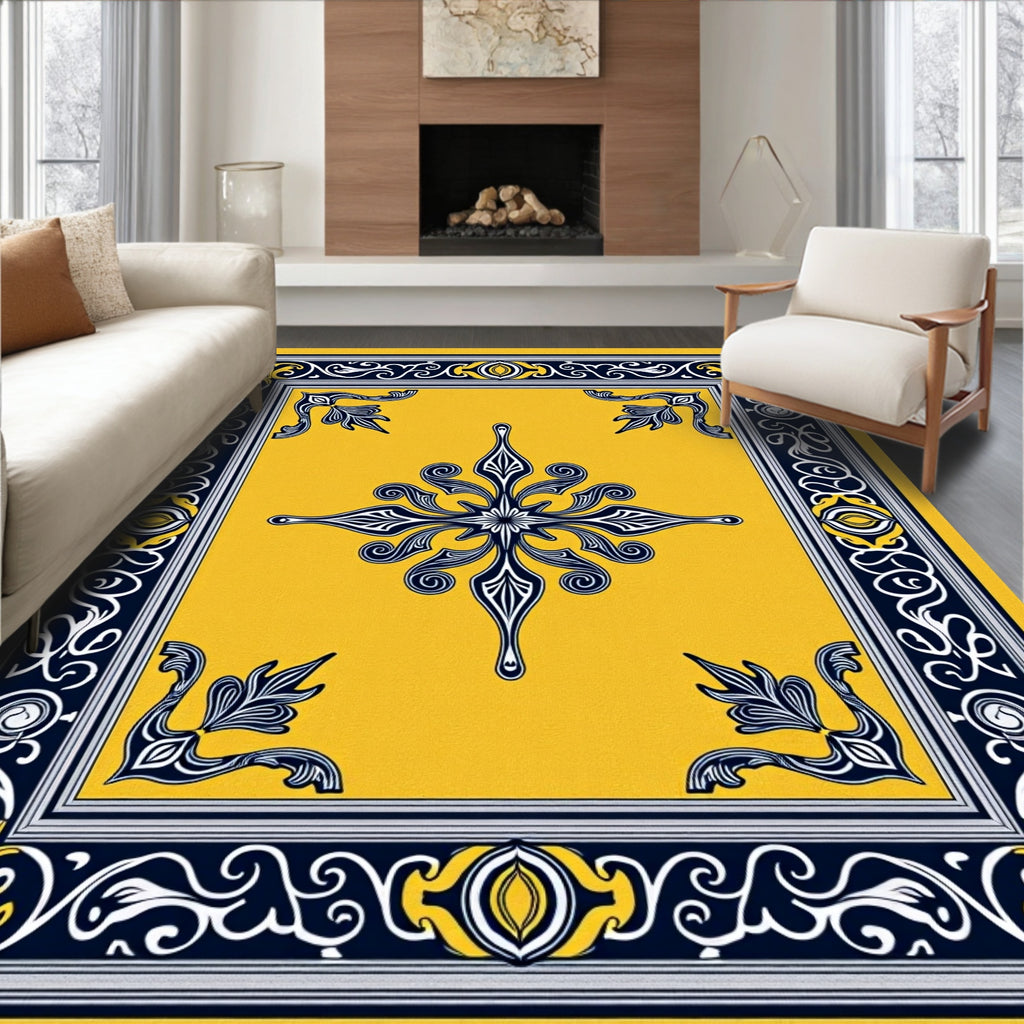 Yellow Blue Ornate Floral Medallion Rug