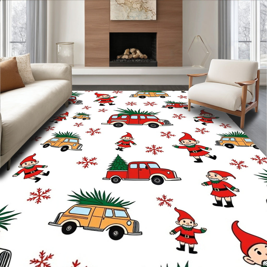 Happy Gnomes Christmas Tree Vintage Trucks Rug