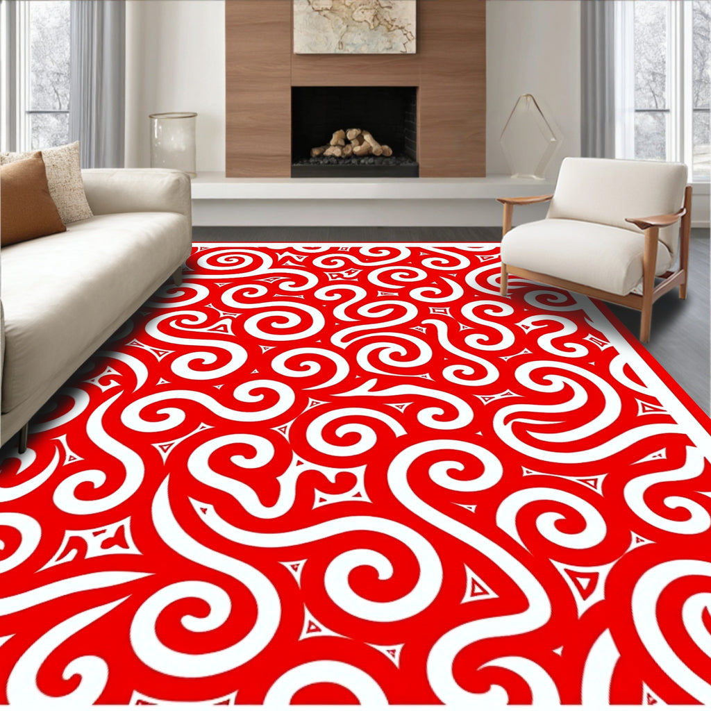 Bold Red Swirls and Triangles Repeat Rug
