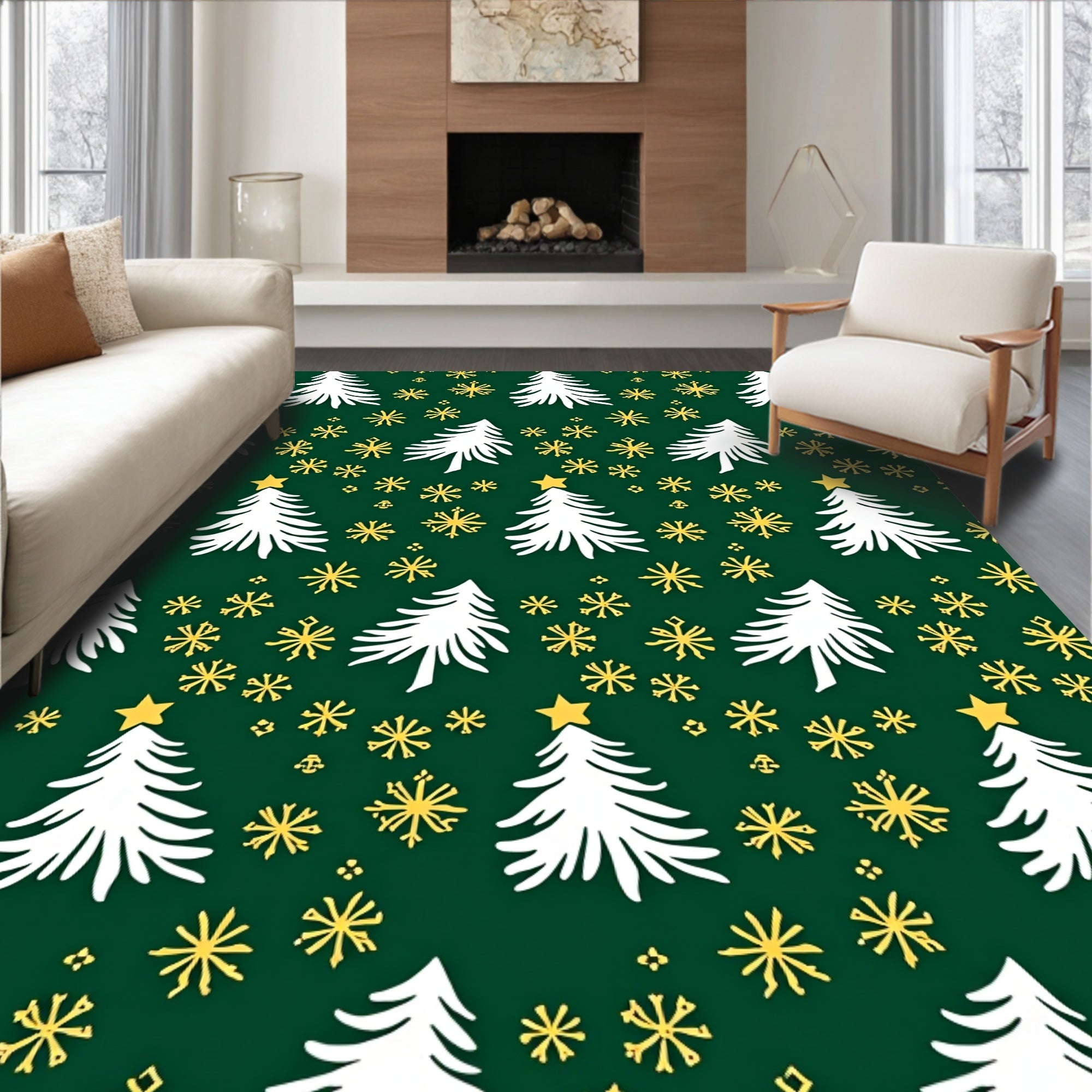 Festive White Pine Gold Star Snowflake Rug