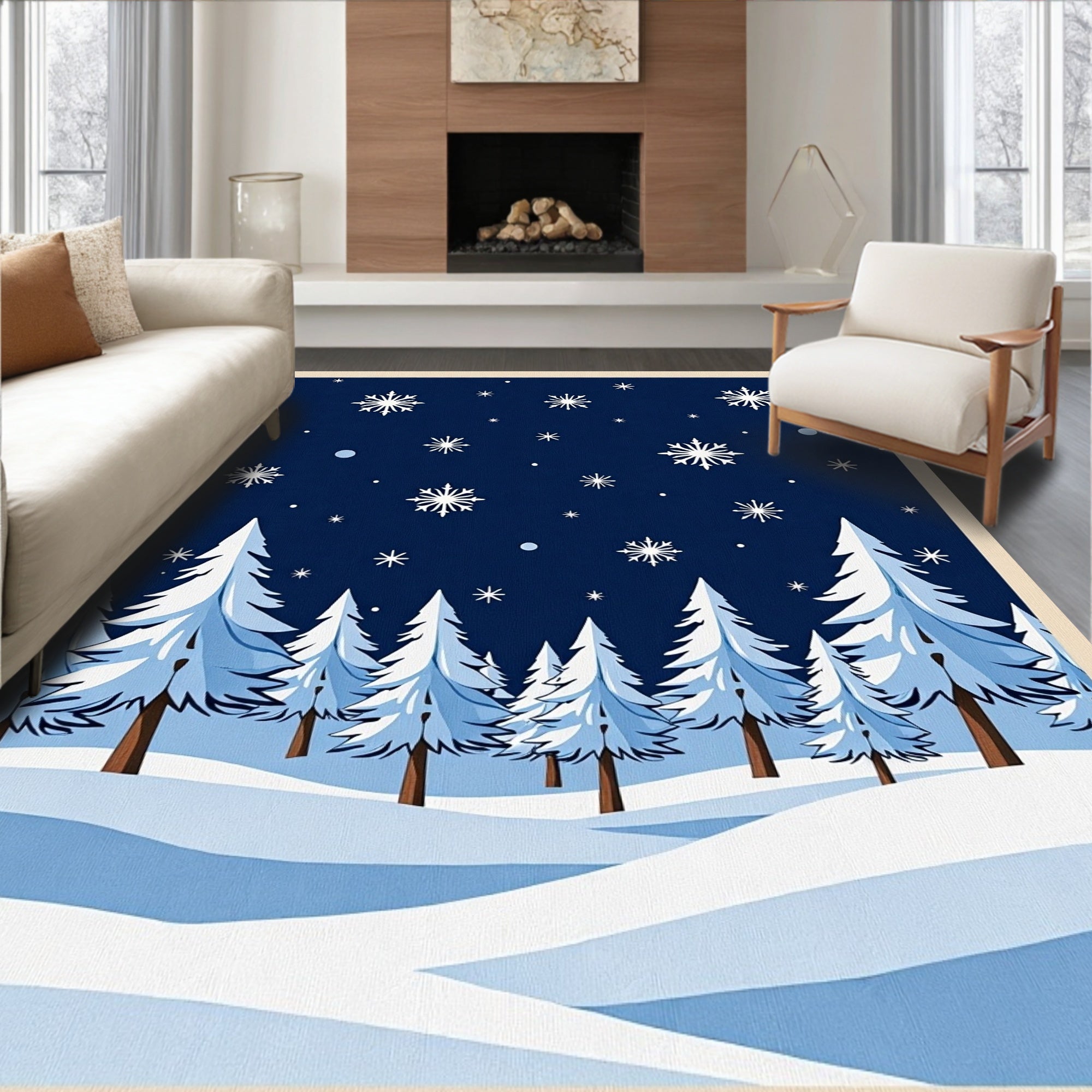 Midnight Blue Snowfall Forest Pines Rug