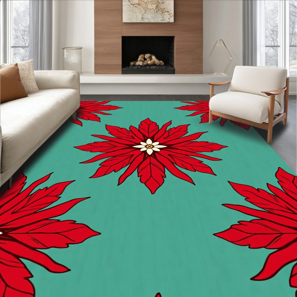 Crimson Poinsettia Teal Floral Rug