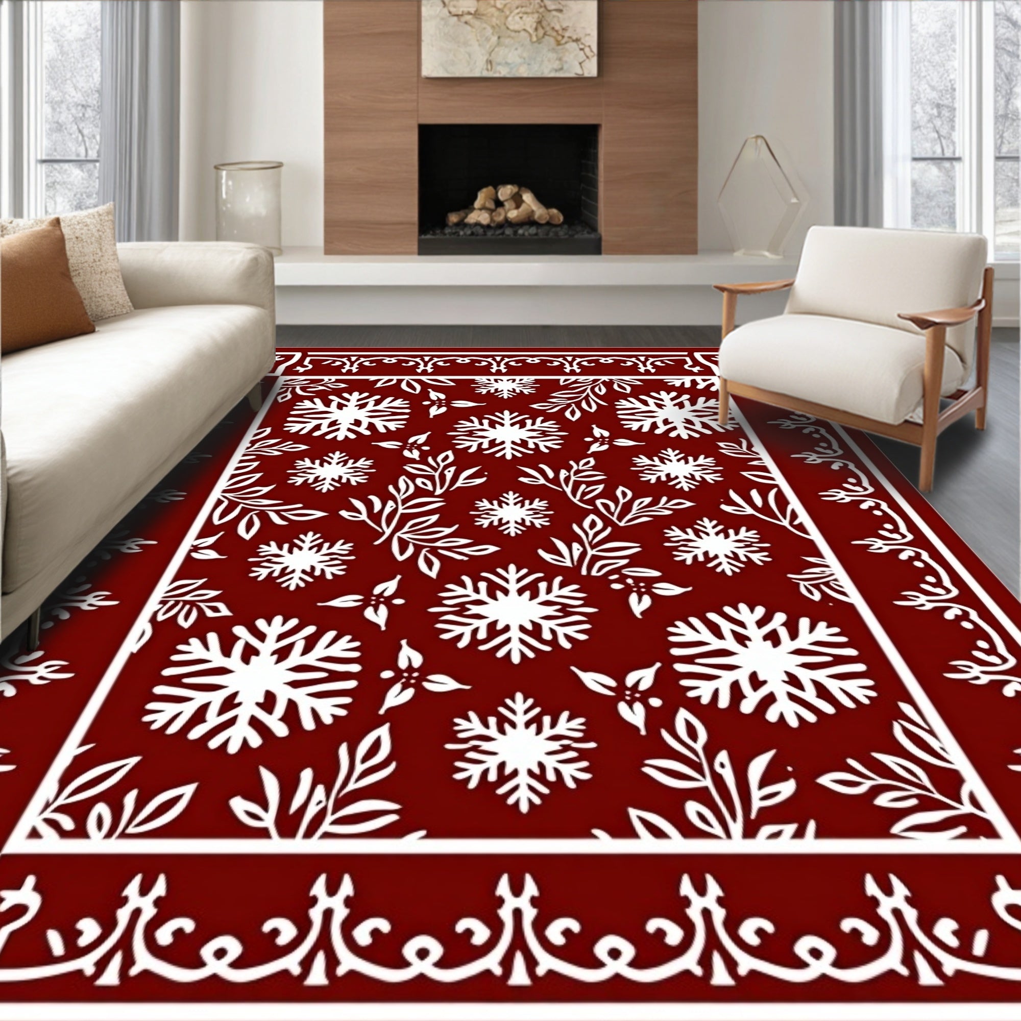 Crimson White Snowflake Botanical Border Rug
