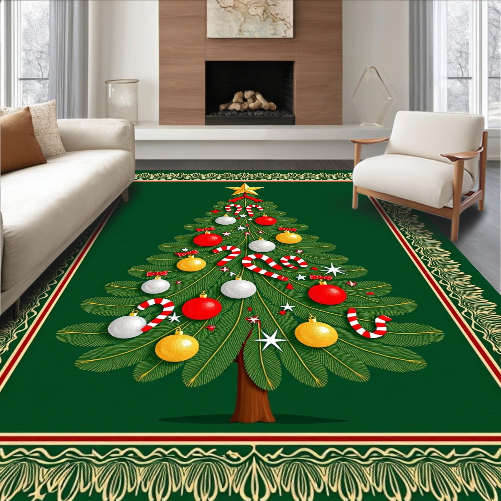 Festive Evergreen Tree Ornament Collection Rug