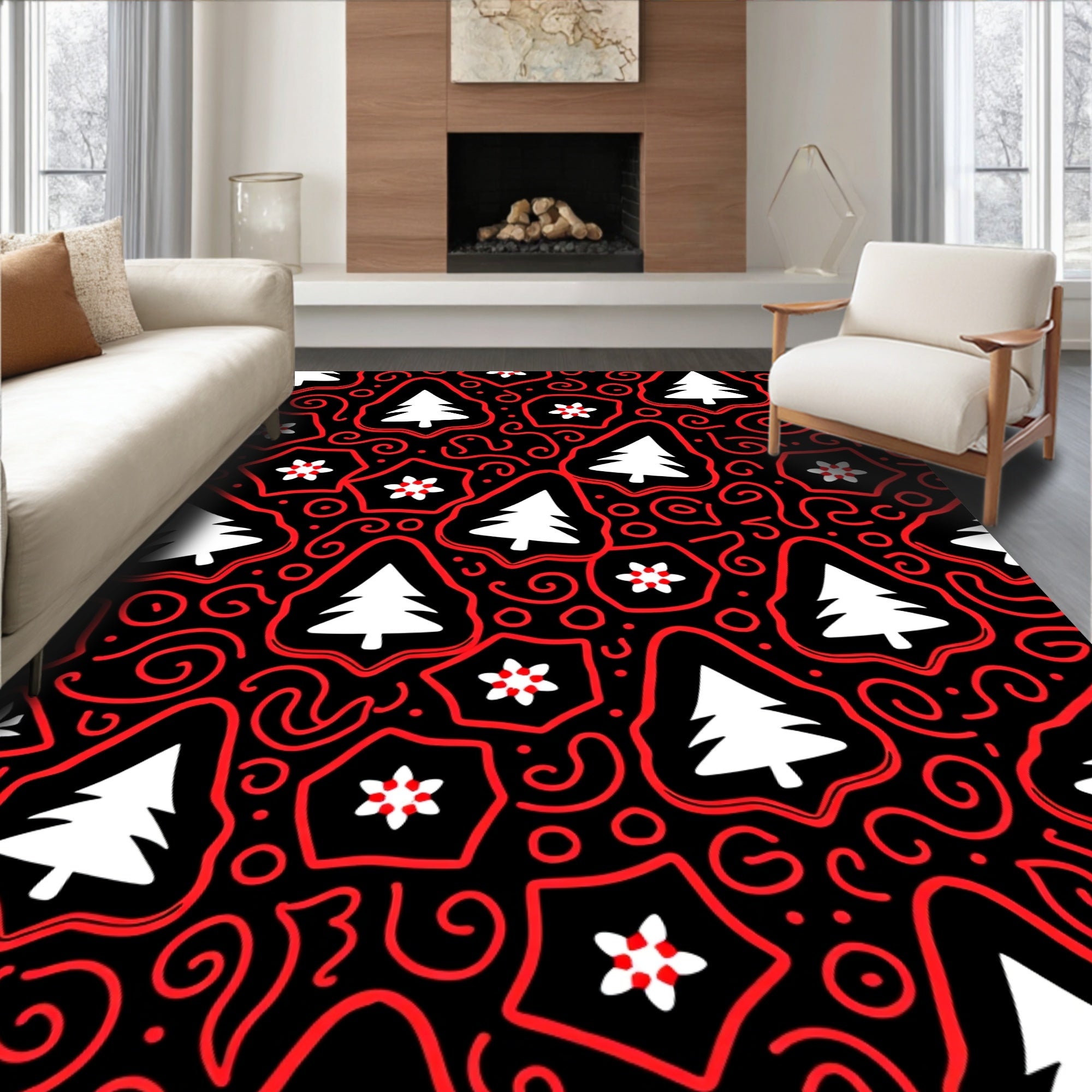 Whimsical Red Tree and Star Rug
