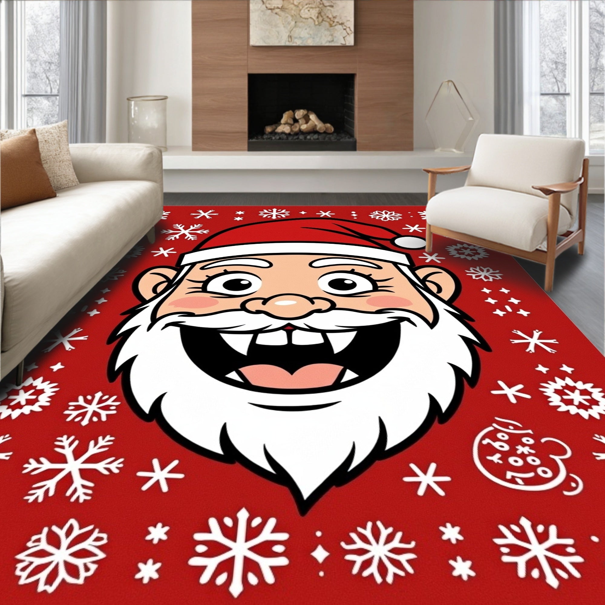 Festive Red Santa Snowflakes Holiday Rug