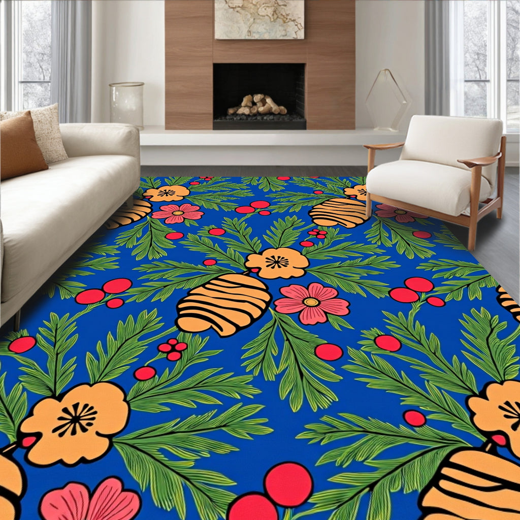 Vibrant Blue Botanical Bloom Berry Rug