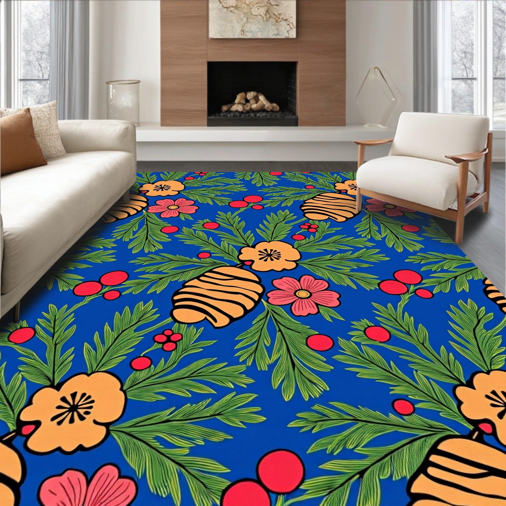 Vibrant Blue Botanical Bloom Berry Rug