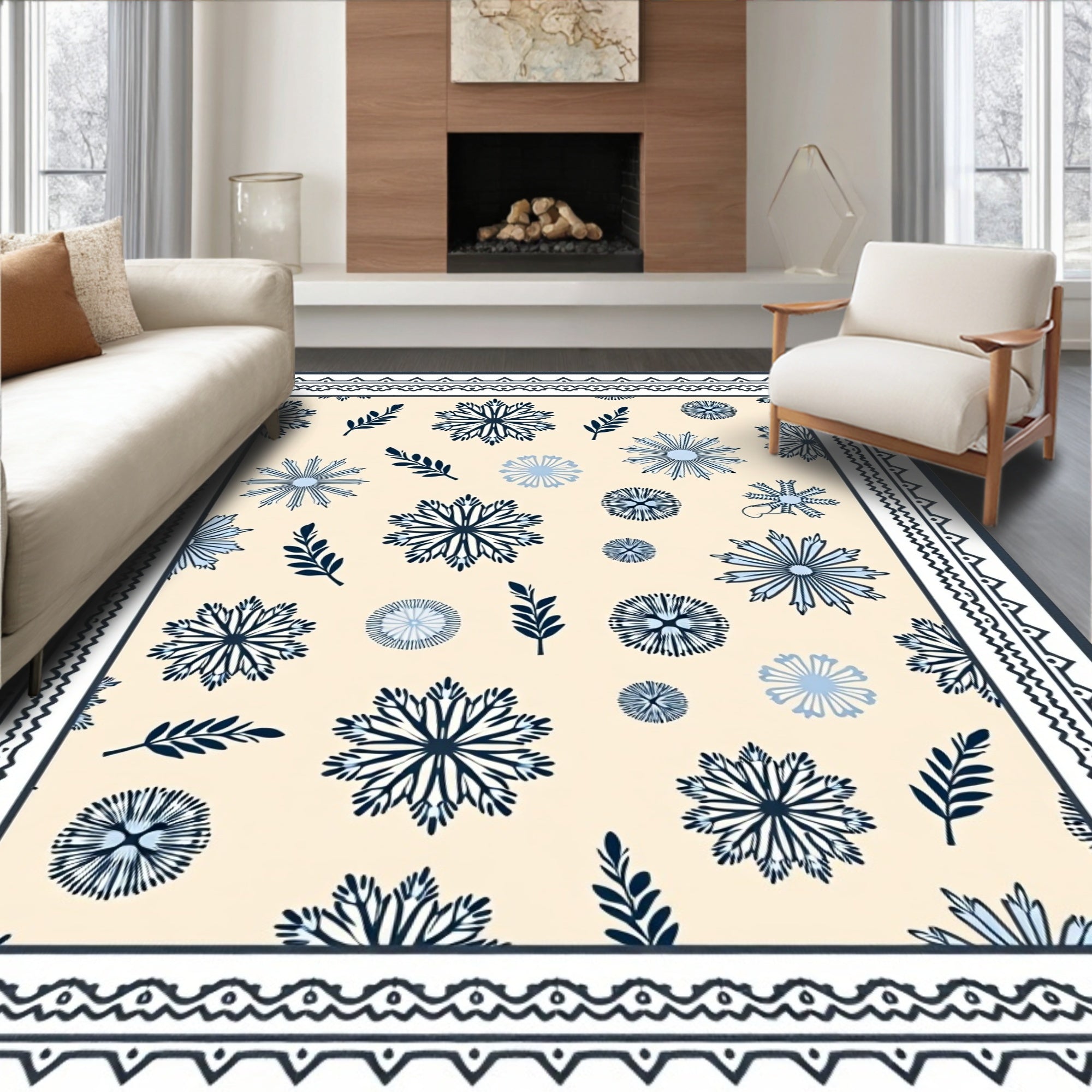 Ivory and Navy Floral Sprigs Rug