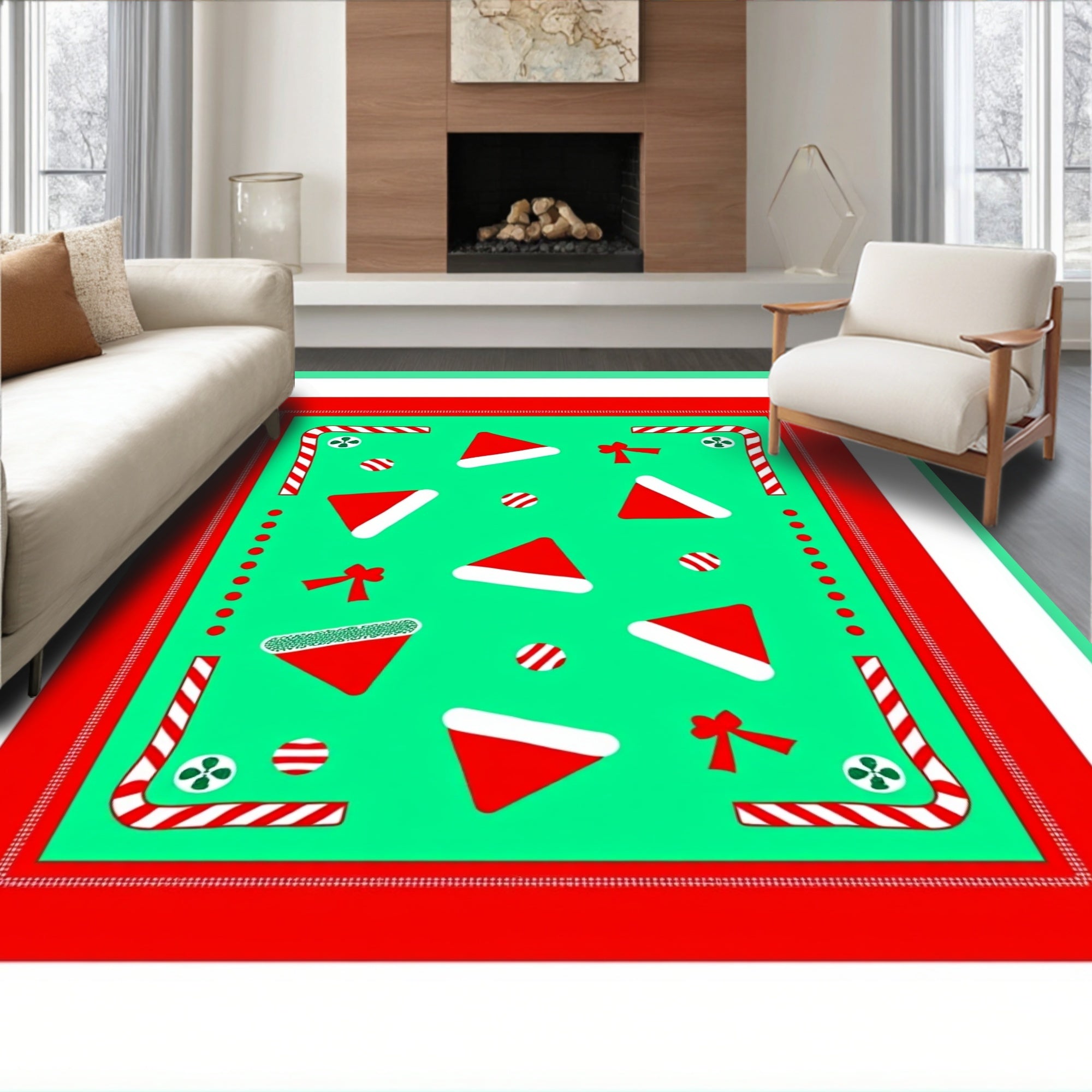 Red Santa Hats Candy Canes Festive Accents Rug