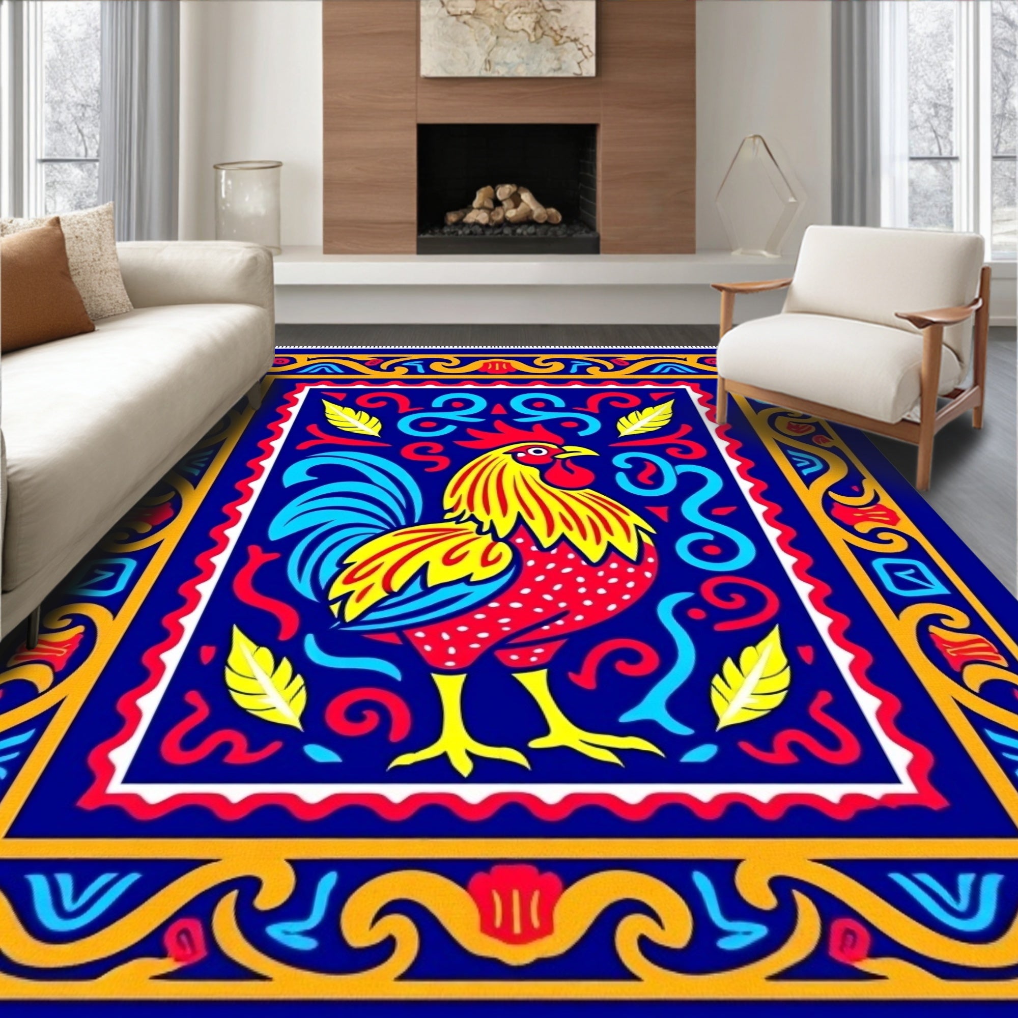 Vibrant Rooster Folk Art Rug