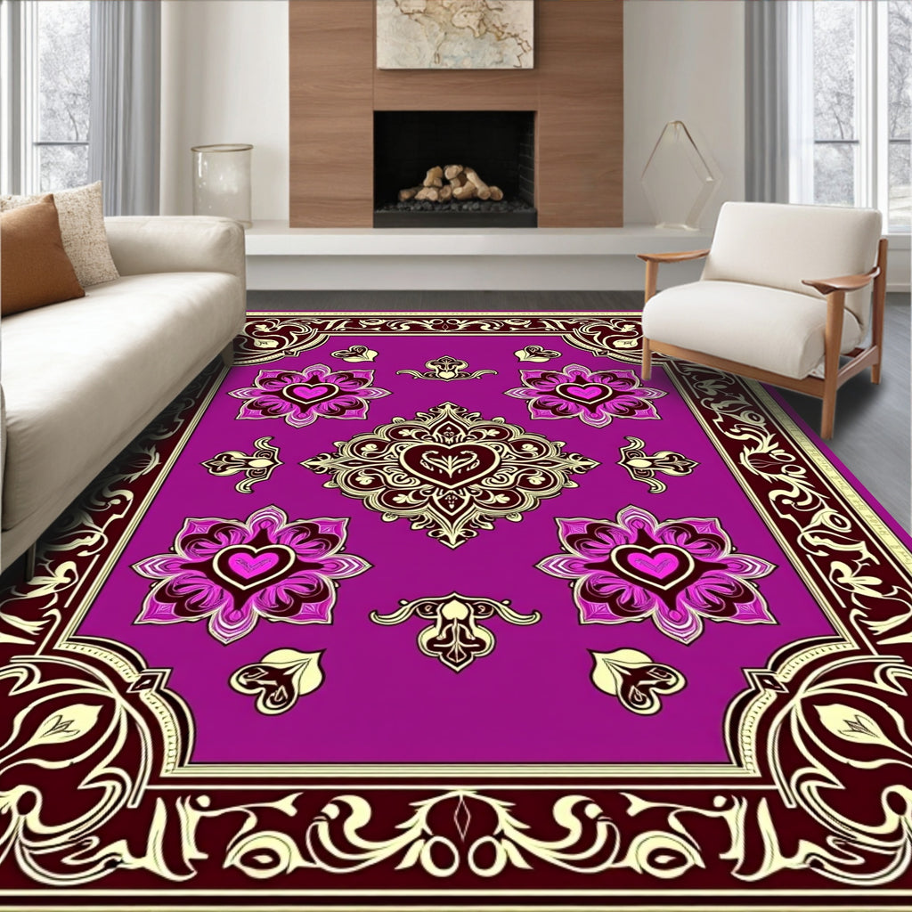 Ornate Purple Floral Heart Medallion Rug
