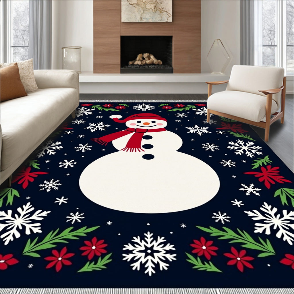 Whimsical Snowman Red Floral Snowflakes Rug
