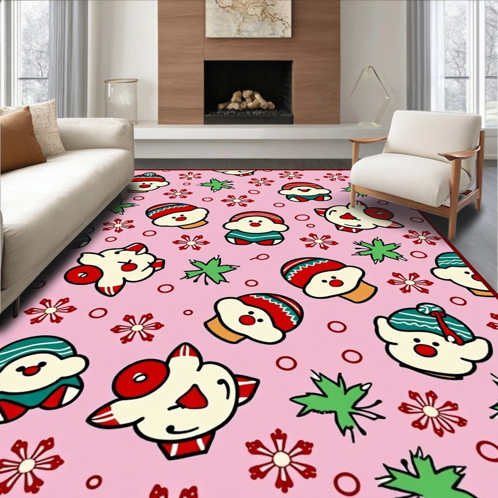 Pink Festive Christmas Characters Snowflakes Rug