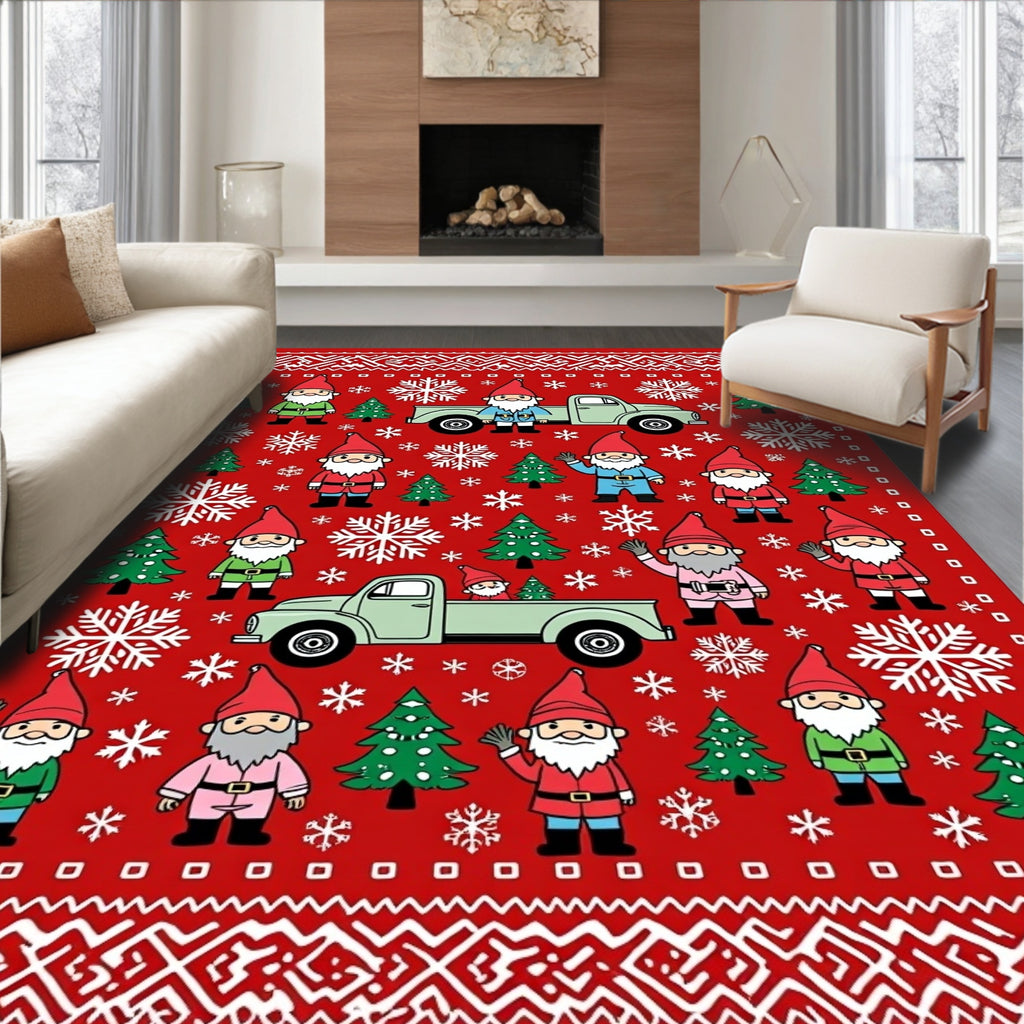 Christmas Red Gnome Truck Snowflake Trees Rug
