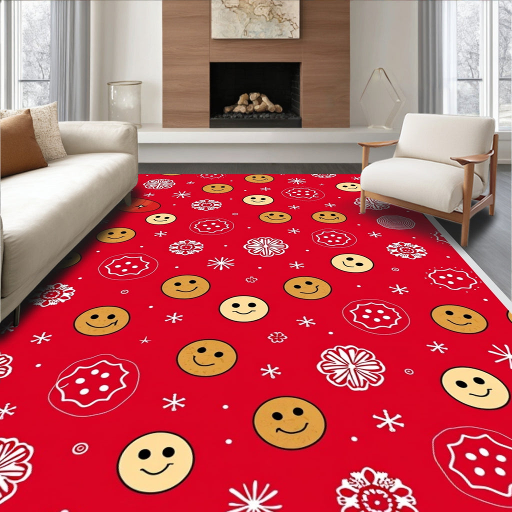 Red Yellow Smiley Face Snowflake Medallion Rug