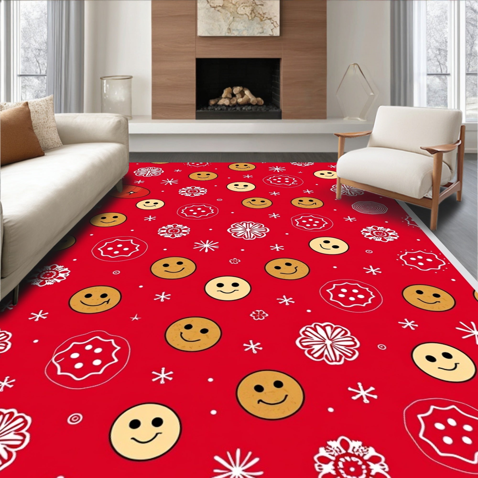 Red Yellow Smiley Face Snowflake Medallion Rug