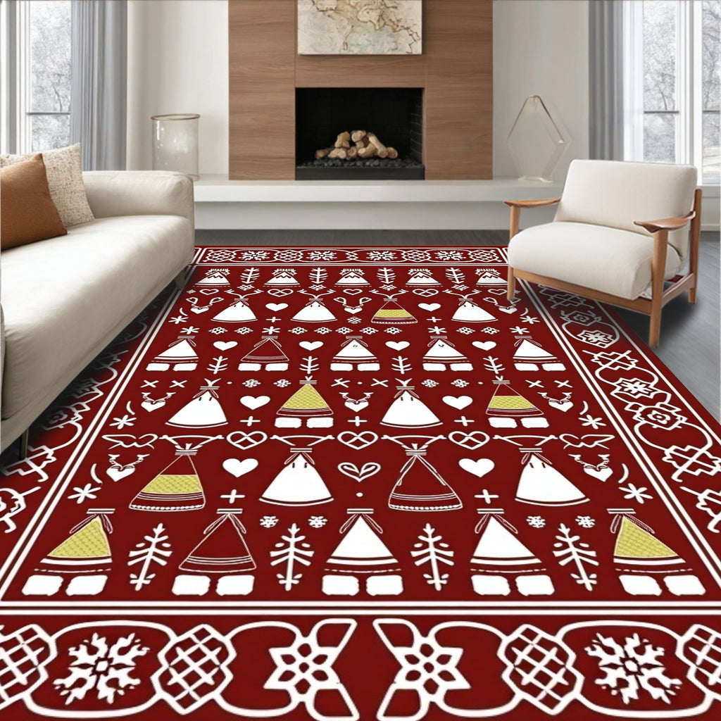 Crimson Teepee Hearts Folk Art Rug