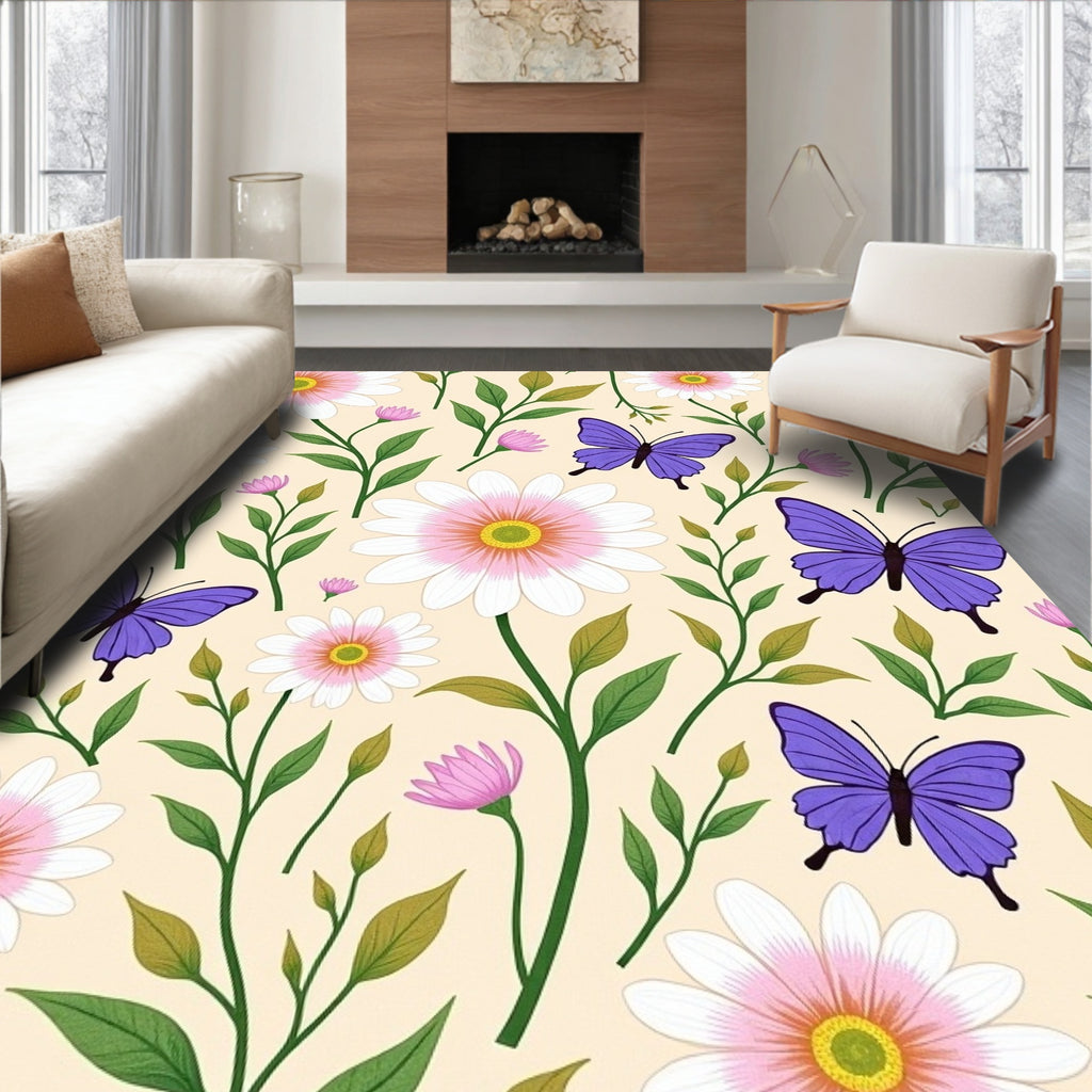 Whimsical Purple Butterfly Daisy Garden Rug