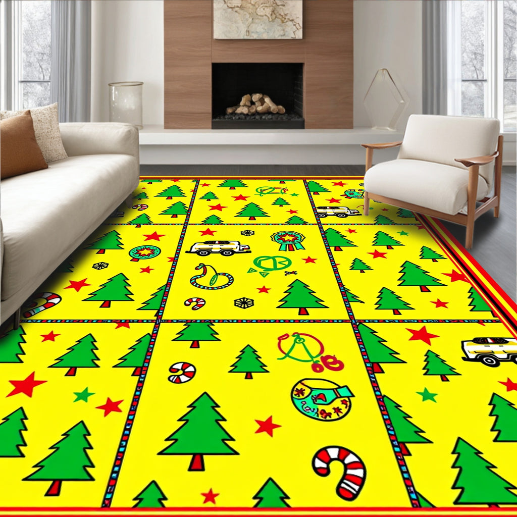 Festive Yellow Christmas Trees Candy Canes Rug