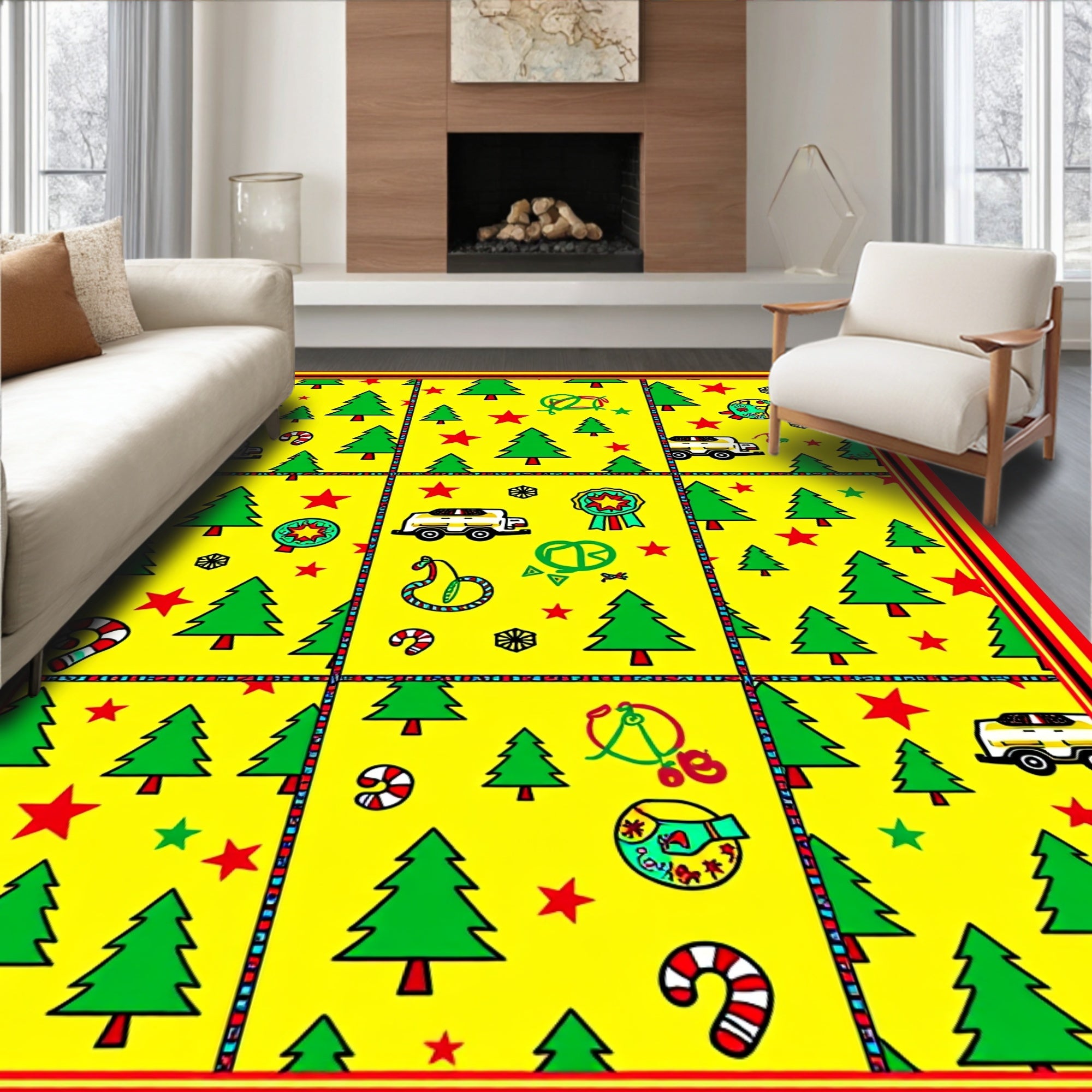 Festive Yellow Christmas Trees Candy Canes Rug