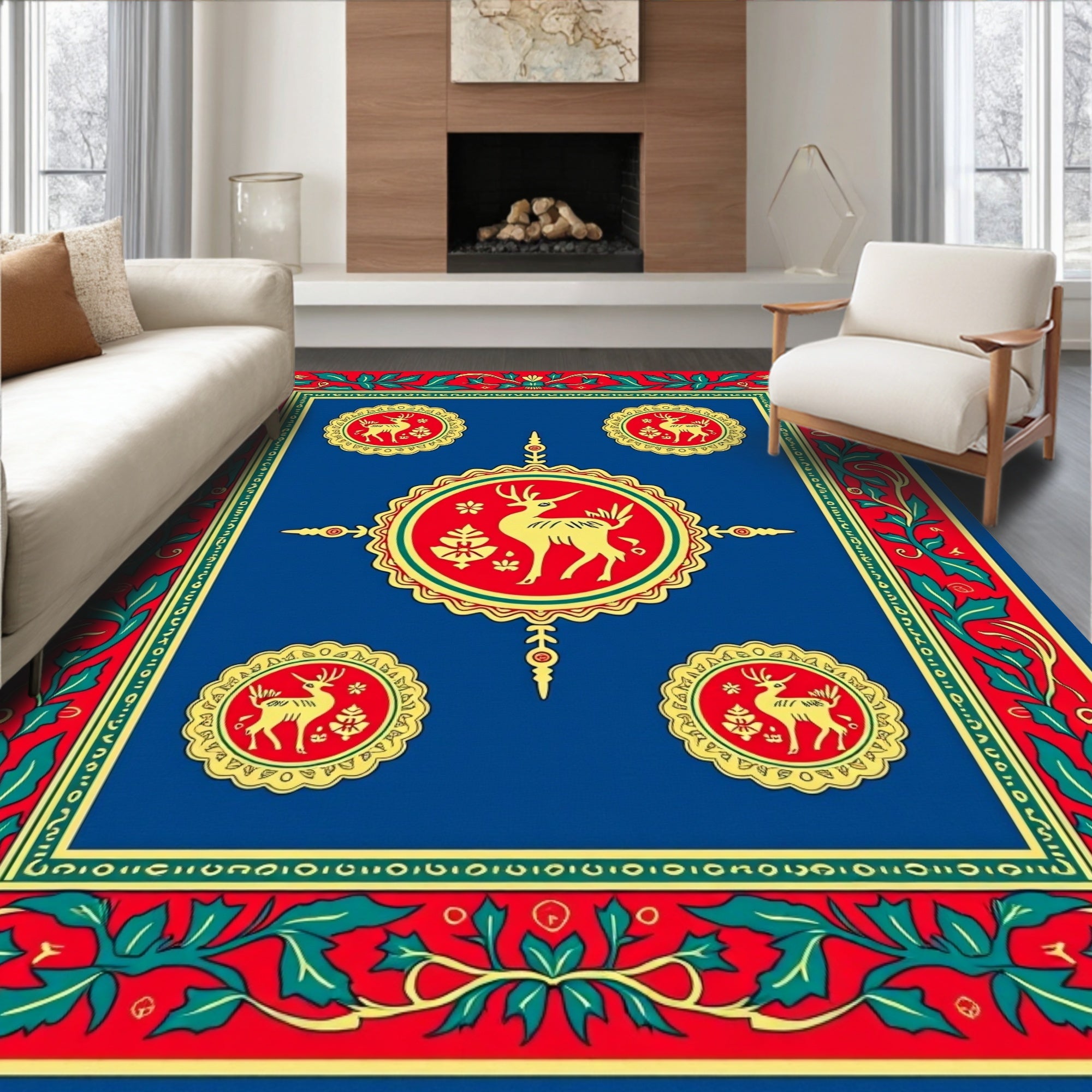 Red Gold Deer Floral Border Medallion Rug