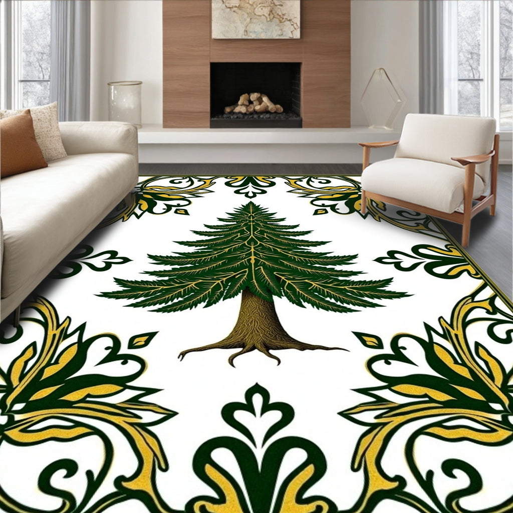 Green Evergreen Tree With Gold Border Rug