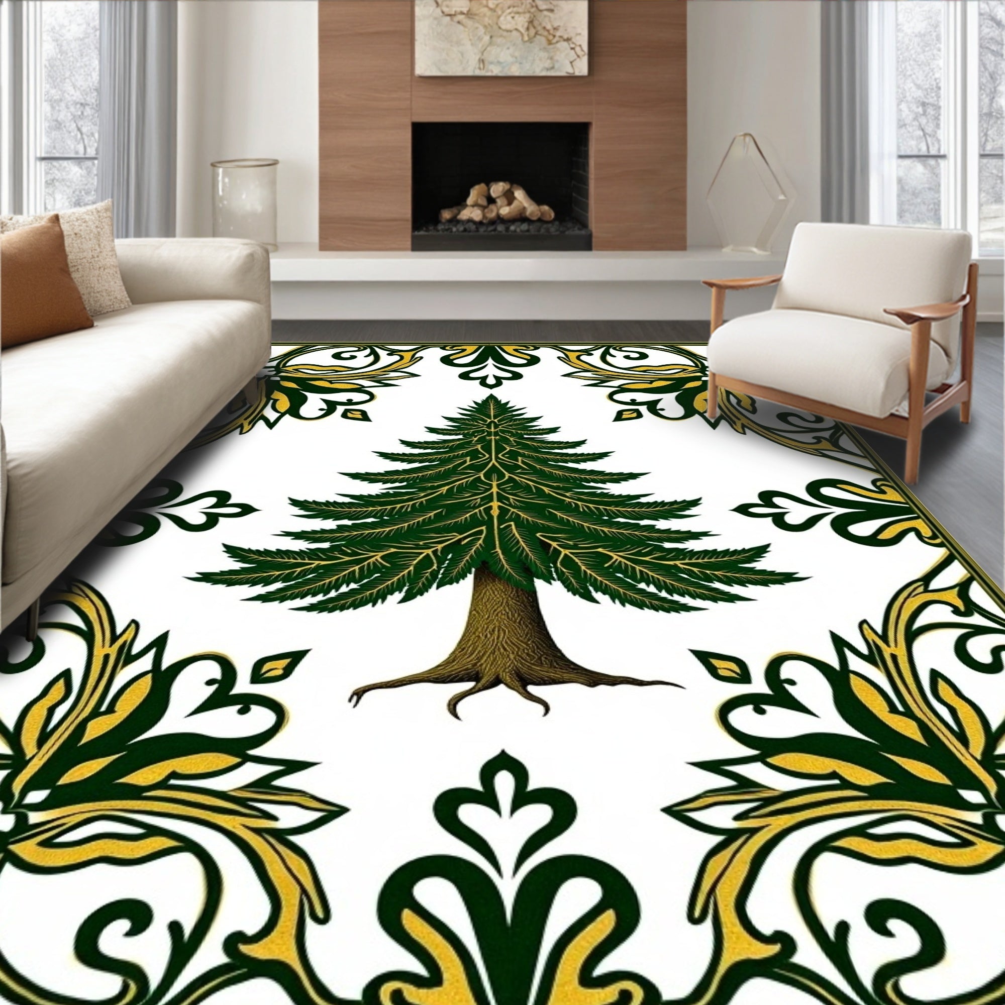 Green Evergreen Tree With Gold Border Rug