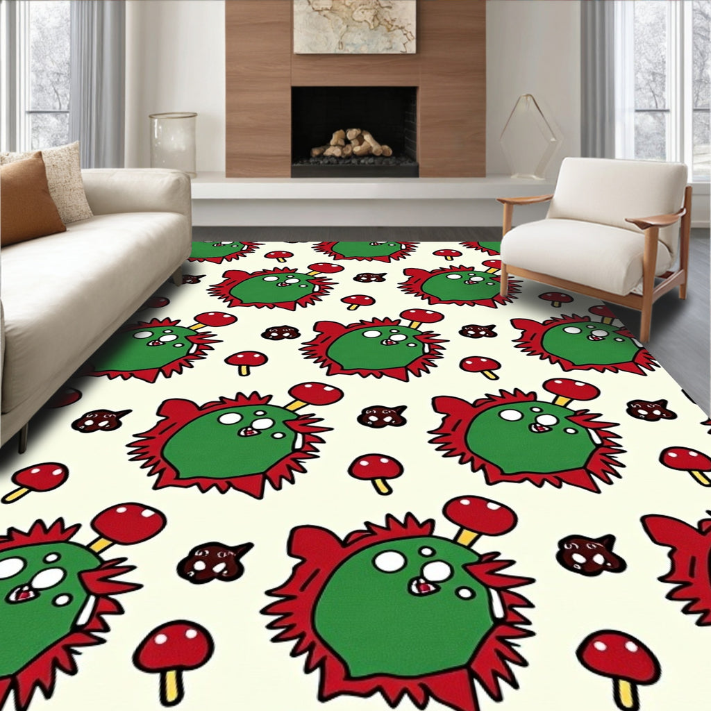 Whimsical green creatures with red mushrooms Rug