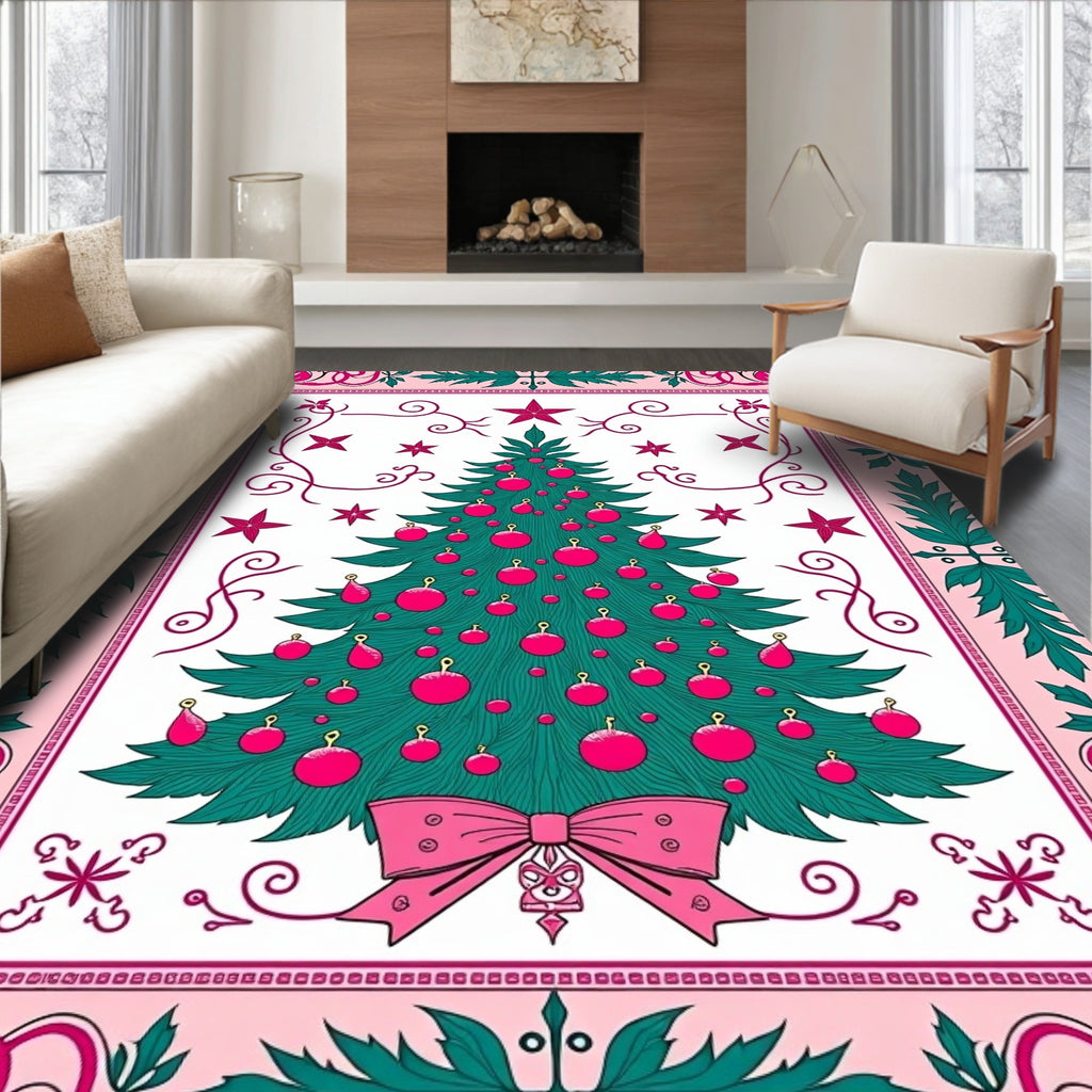 Festive Evergreen Christmas Tree Ornaments Rug
