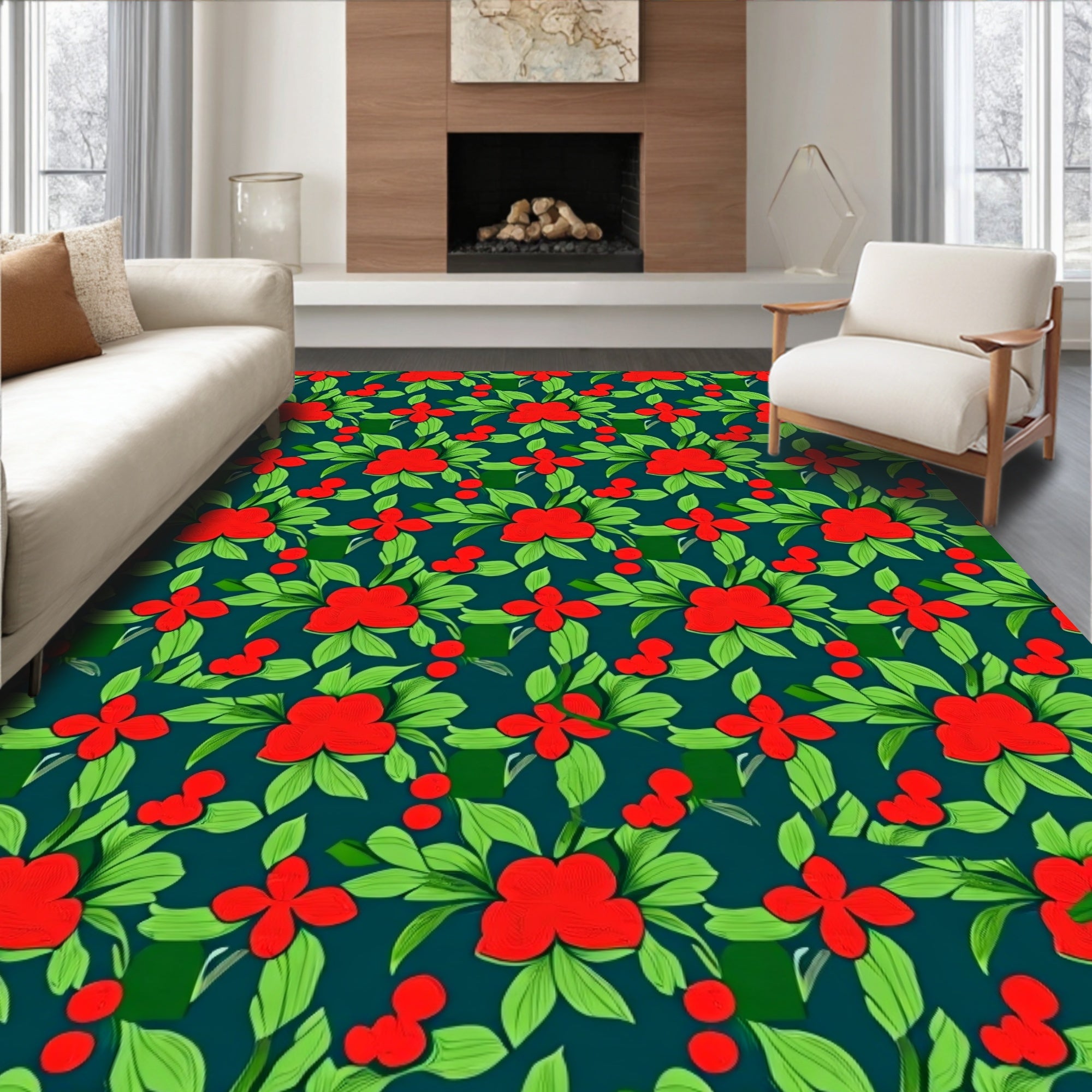 Vibrant Red Berry Foliage Rug