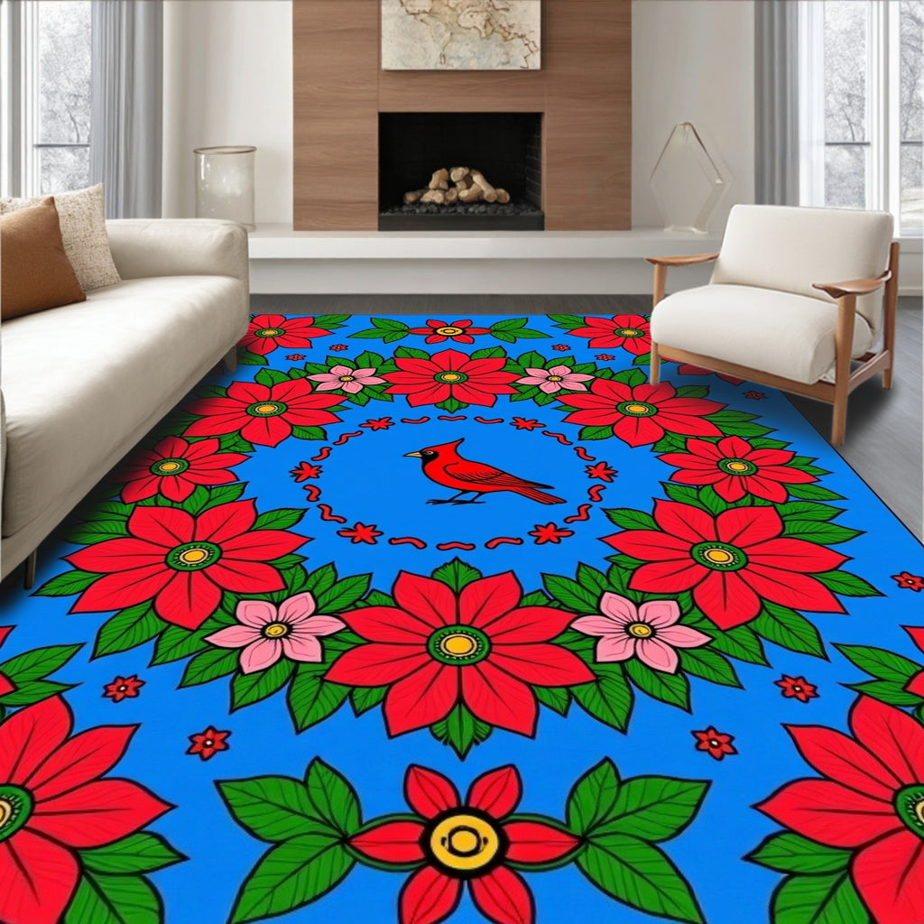 Red Cardinal Floral Garland Blue Rug