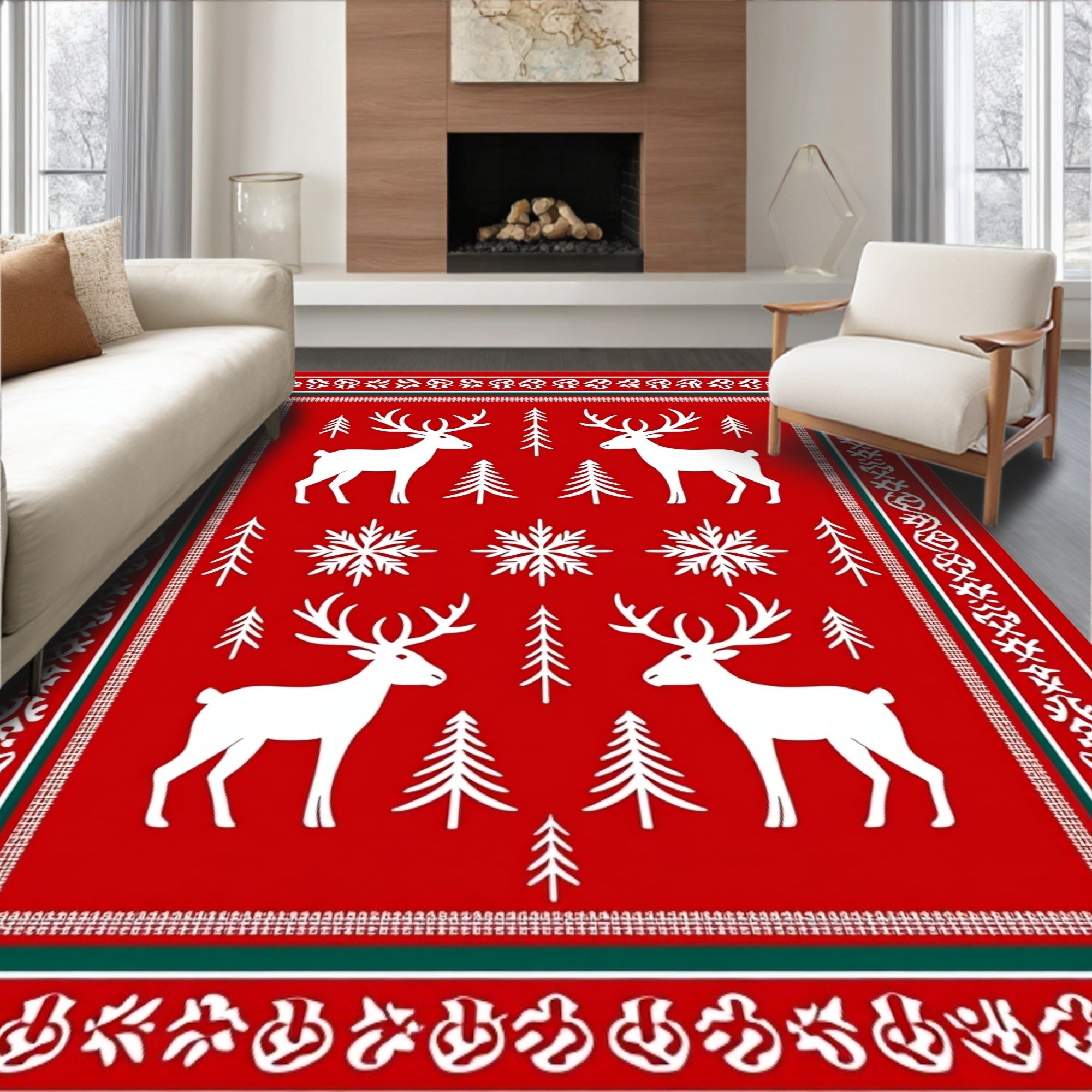 Bold Red Snow Reindeer Forest Rug