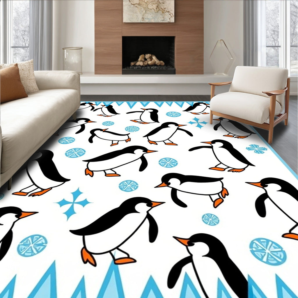 Playful Penguin Blue Ice Snowflake Rug
