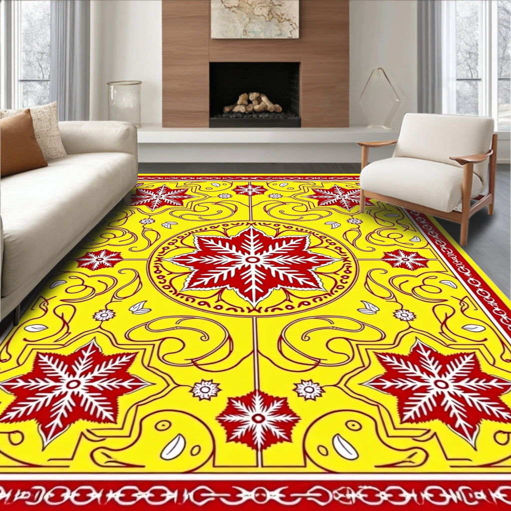 Vibrant Yellow Red Star Medallion Rug