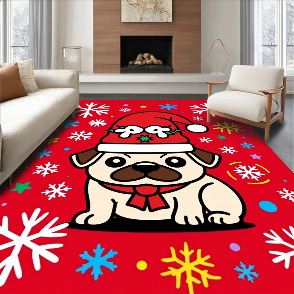 Red Pug Wearing Santa Hat Snowflakes Rug