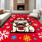 Red Pug Wearing Santa Hat Snowflakes Rug