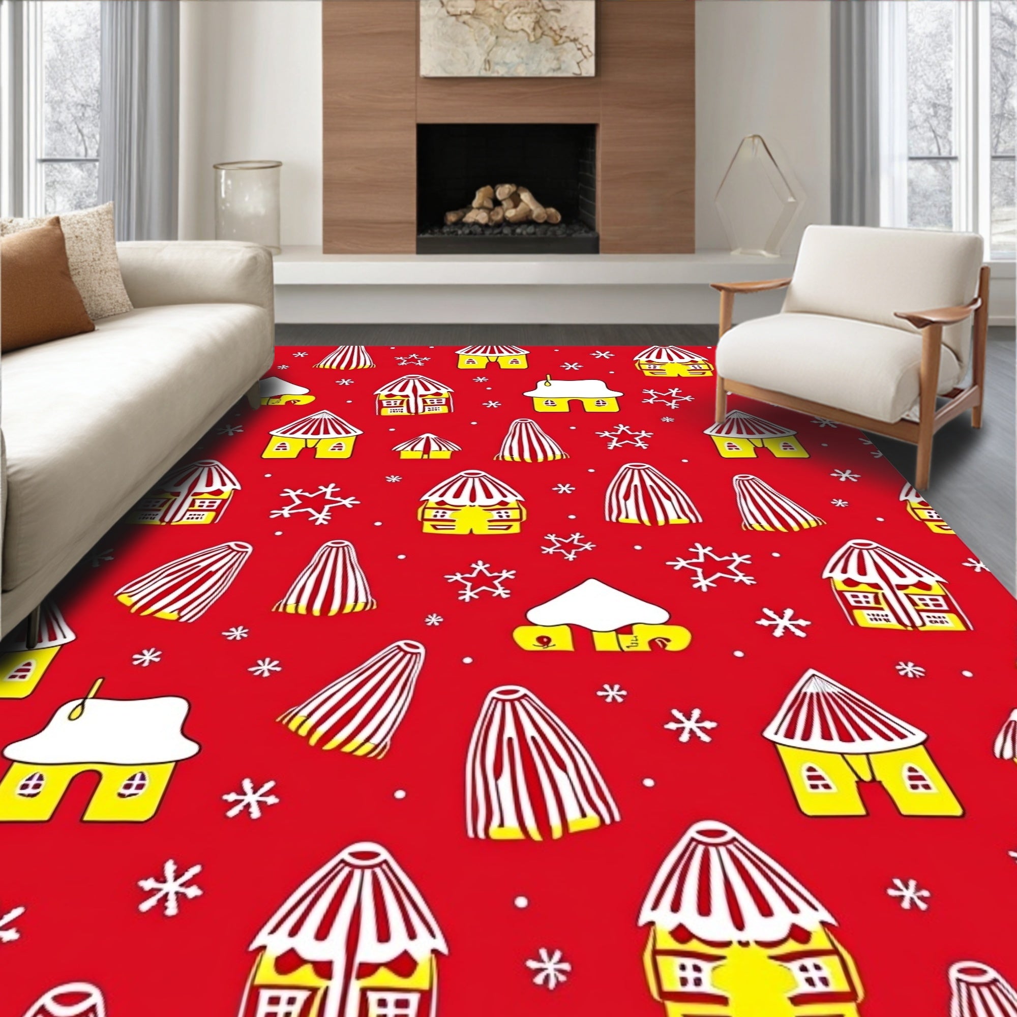 Whimsical Yellow Houses Snowflakes Red Rug