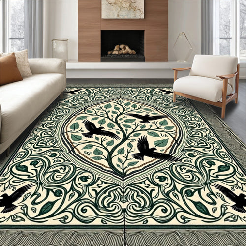 Black Birds Greenery Oval Tree Accent Rug