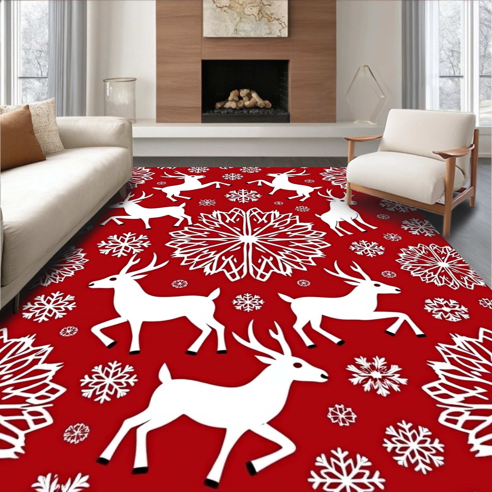 Red White Deer Snowflake Scene Rug