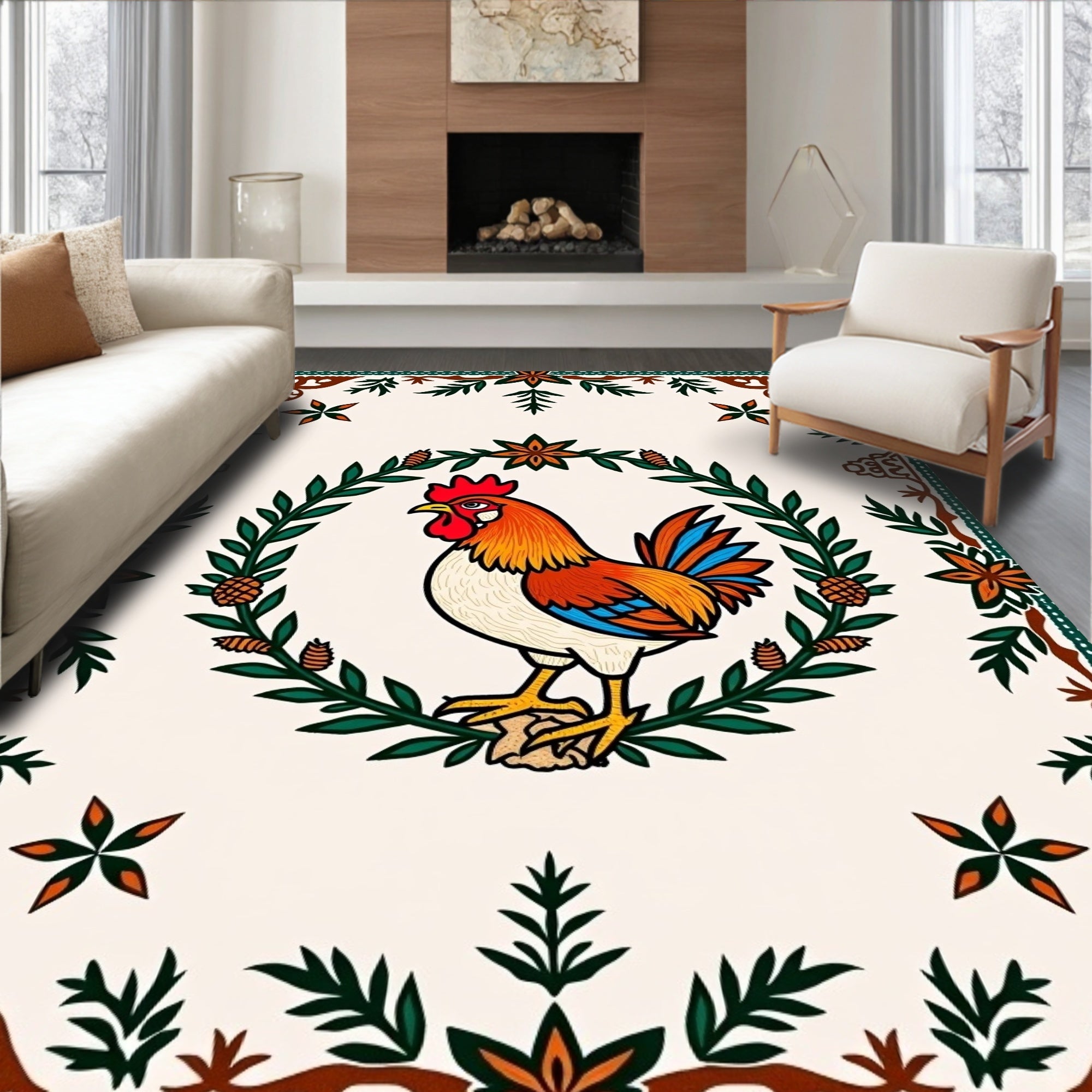 Fiery Rooster Floral Garland Border Rug