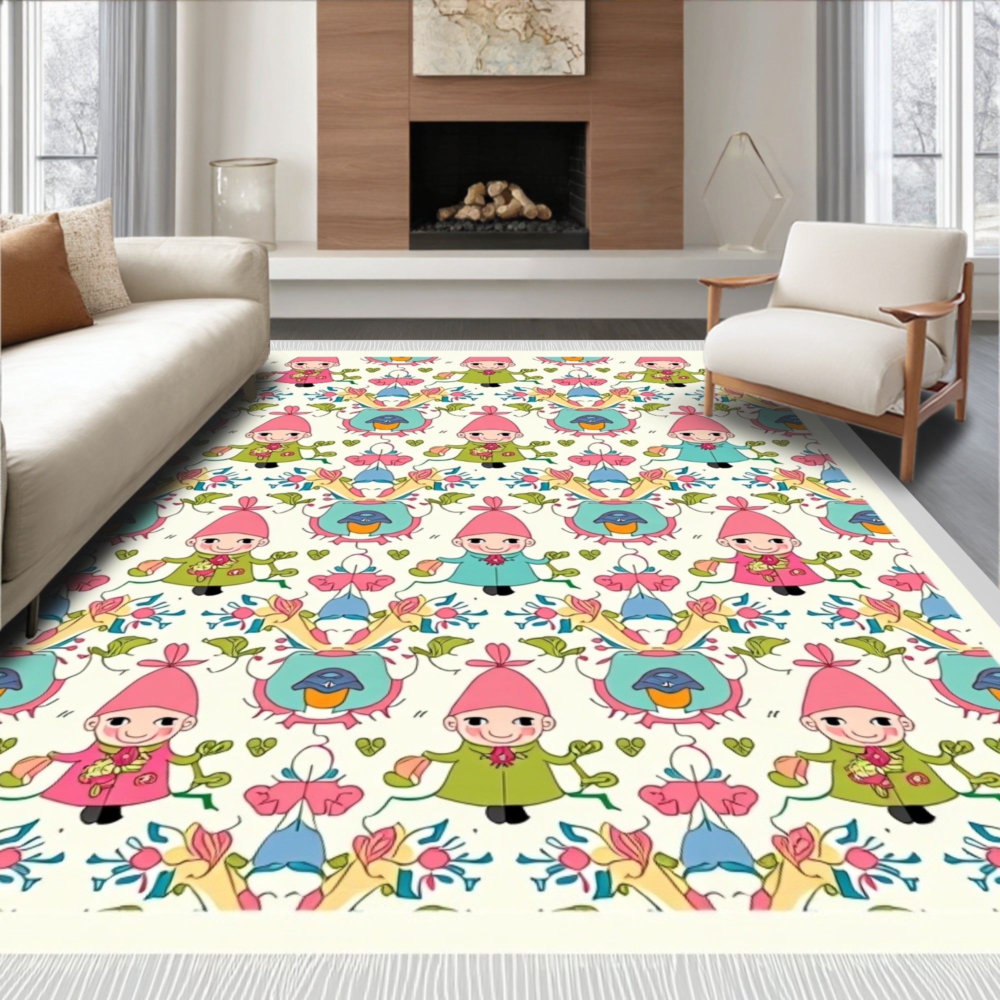 Whimsical Figure Floral Repeating Pattern Rug
