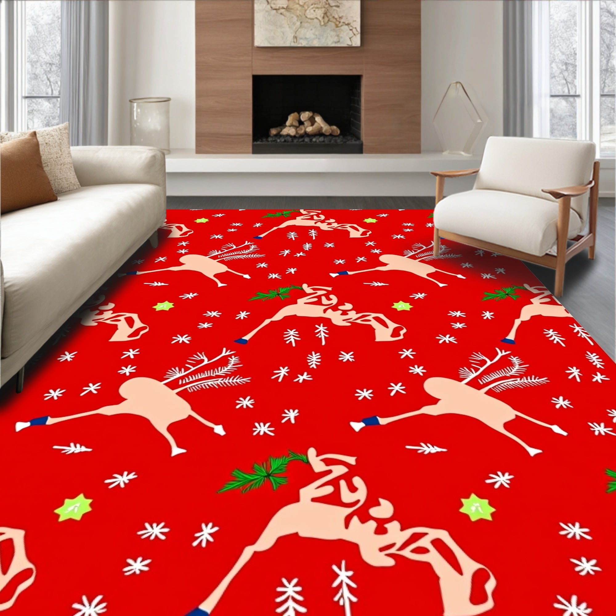 Merry Reindeer Snow Stars Rug