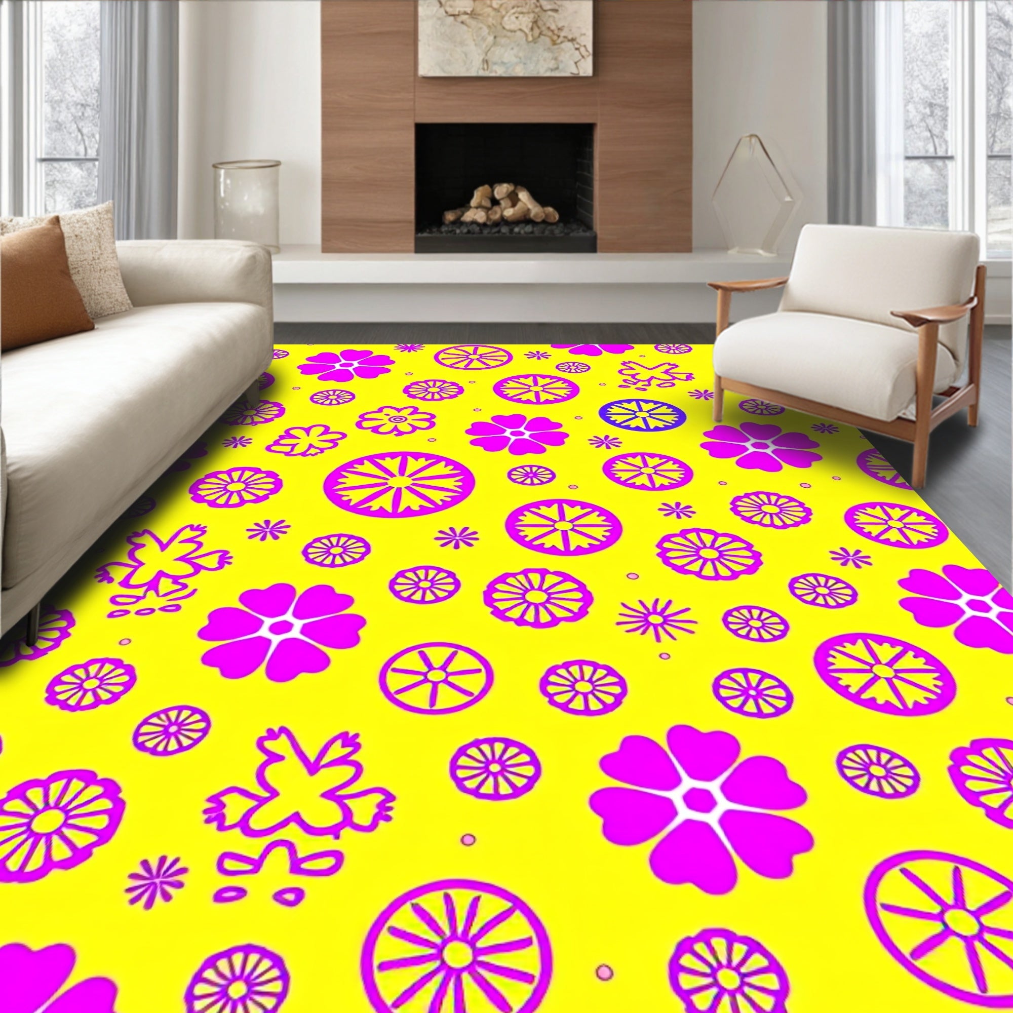 Vibrant Yellow Pink Floral Mandala Rug