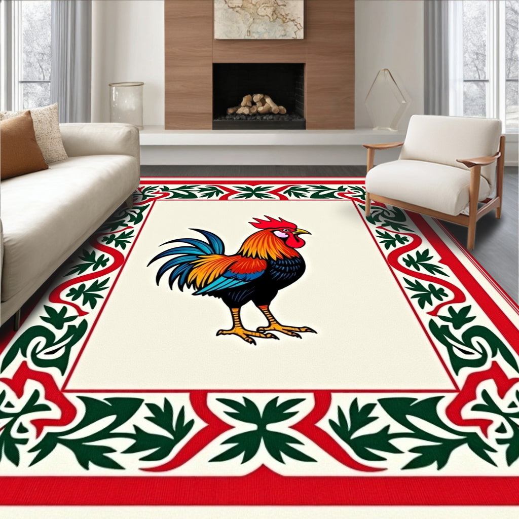 Vibrant Rooster Red Green Border Rug